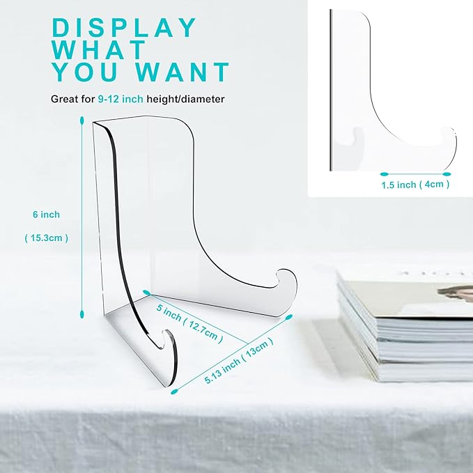 Boloyo Flat Back Acrylic Plate Display Stand , 6 Inch 5PC Clear Acrylic Display Holder Easel Base for Home Office Kitchen School Art Display