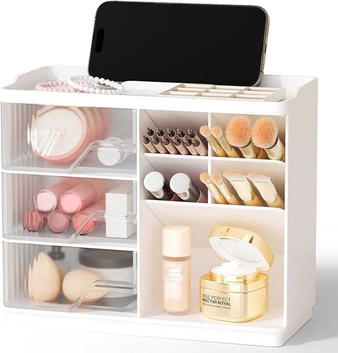 Small Makeup Organizer with Drawers, Stackable Bathroom Couneter Organizer with Phone Holder, Versatile Vanity Organizer Countertop, Cosmetic Organizer for Makeup Brush, Skin Care, Lotion -White,1Pack