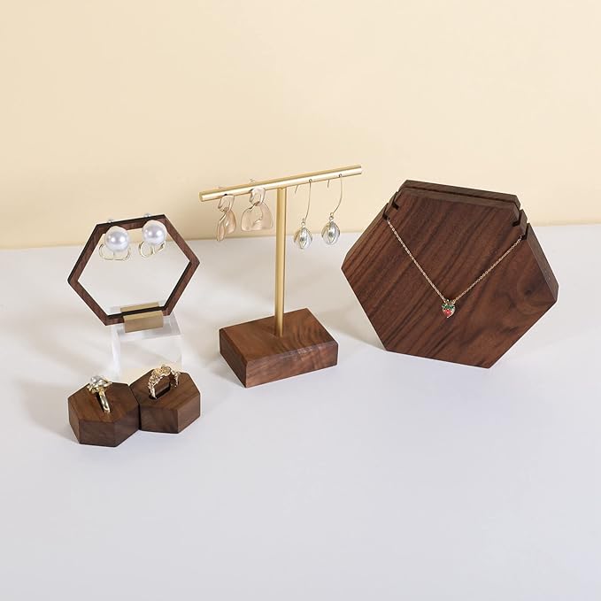 GemeShou earrings T display stands for selling, small earring holder jewelry stand with 4 holes on bar, wood earring hanger for boutique display【Walnut】