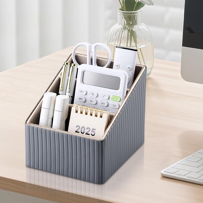KINGFOM 3 Slot PU Leather Remote Controller Holder, Home Sundries Storage Box, TV Guide/Mail/CD Organizer/Caddy/Holder with Free Cable Desk Organizer (Grey)
