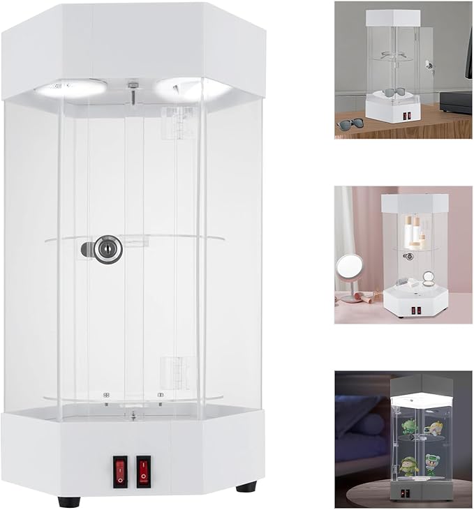 LED Electric Rotating Acrylic Display Case, Jewelry Display Case, Free Standing Electric Rotating Display Case with Lock and Keys for Cosmetics Jewelry Watch Sunglasses White/Balck (White)