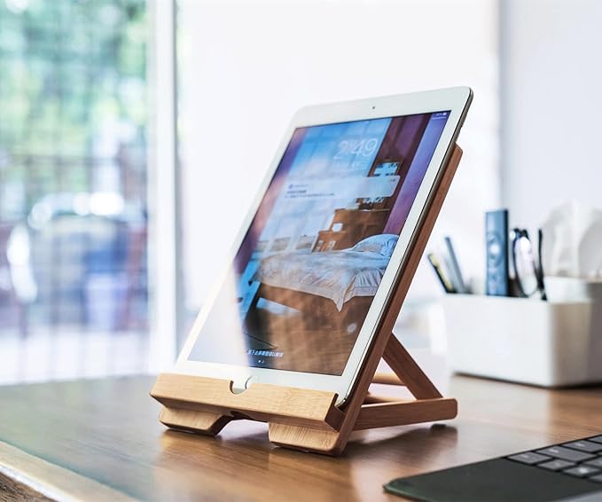 Bamboo Tablet Holder - Adjustable Folding iPad Stand with Charge Port for Desk or Cooking