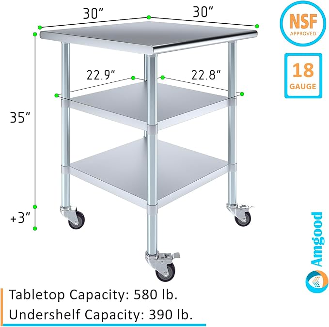 AmGood Stainless Steel Work Table with 2 Shelves and Casters | Metal Utility Table On Wheels (Stainless Steel Work Table with 2 Shelves + Casters, 30" Long x 30" Deep)