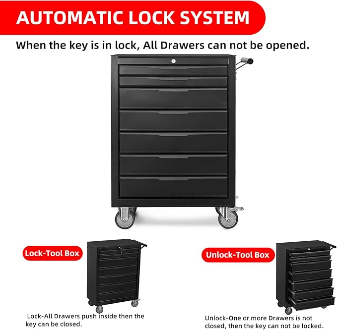 7-Drawer Rolling Tool Chest Cabinet, Large Capacity Metal Tool Box with Wheels and Cylinder Locking, Roll Around Storage Organizer Tool Cart for Garage, Warehouse, Work Shop - Black