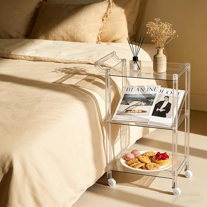 Acrylic Utility Rolling Cart, 3-Tier Clear Acrylic Storage Cart with Pulling Handle & 4 Wheels for Kitchen Dining Bathroom Laundry, Multifunction Serving Trolley for Small Spaces (Transparent)