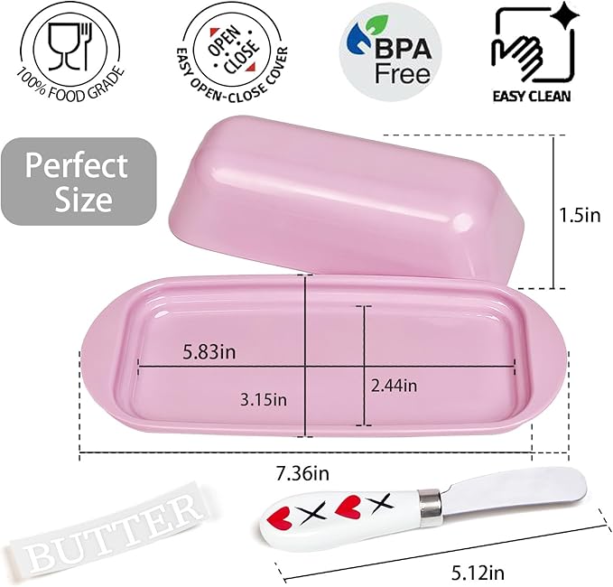 Butter Dish with Lid and Knife , Durable Countertop & Fridge Butter Keeper, Melamine Butter Container Valentine’s Gift, XOXO Design – Pink