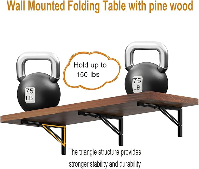 IAE Wall Mounted Folding Table with Pine Wood,48" x 16" Floating Wall Desk,Laundry Folding Table with Shelf Brackets,Fold Down Desk Shelf,Folding Workbench for Home,Dining,Laundry Room,Kitchen,Teak