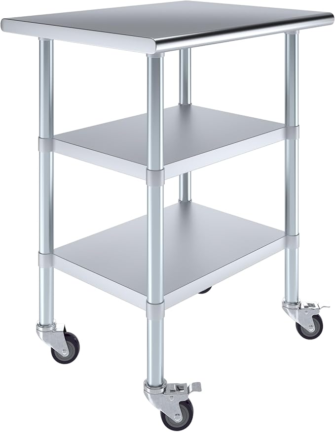 AmGood Stainless Steel Work Table with 2 Shelves and Casters | Metal Utility Table On Wheels (Stainless Steel Work Table with 2 Shelves + Casters, 30" Long x 24" Deep)
