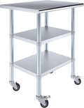 AmGood Stainless Steel Work Table with 2 Shelves and Casters | Metal Utility Table On Wheels (Stainless Steel Work Table with 2 Shelves + Casters, 30" Long x 24" Deep)