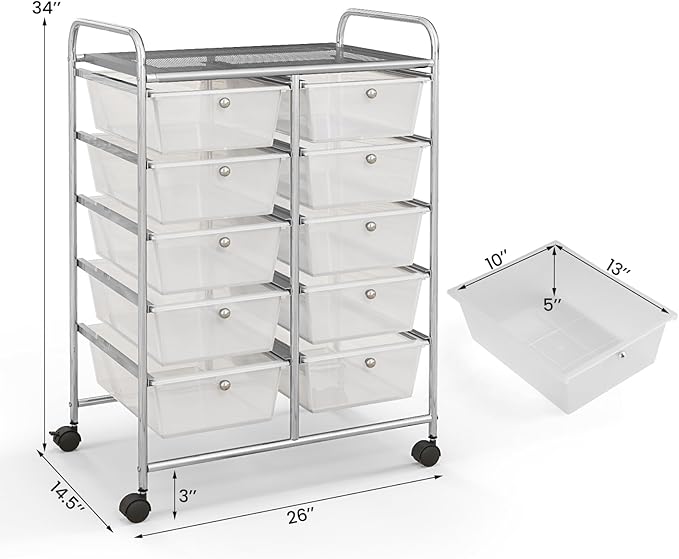 Giantex 10 Drawers Rolling Cart, Classroom Organizers, Storage Cart with Wheels, for Teacher Office Home School Supplies Tool Craft Art Paper, Clear White