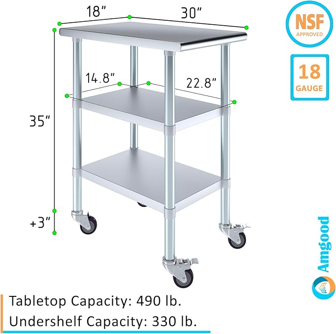 AmGood Stainless Steel Work Table with 2 Shelves and Casters | Metal Utility Table On Wheels (Stainless Steel Work Table with 2 Shelves + Casters, 18" Long x 30" Deep)