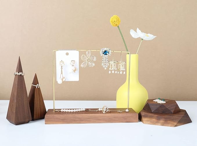 GemeShou Walnut Earring holder for selling, Brass earring stands and displays for show, Wood Jewelry Storage hanging shelf for Girl Woman【Walnut U Shelf Height 5.91"-Small】