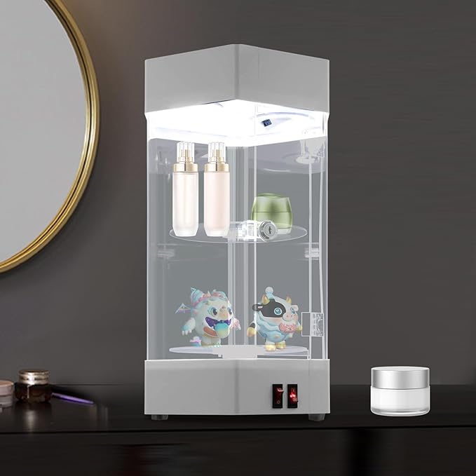 LED Electric Rotating Acrylic Display Case, Jewelry Display Case, Free Standing Electric Rotating Display Case with Lock and Keys for Cosmetics Jewelry Watch Sunglasses White/Balck (White)