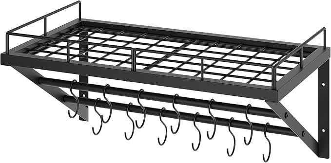 Wall Mounted Pot Rack, 23.8 Inch Pot and Pan Organizer with 2 Tier Hanging Rails, 12 S-Hooks, Metal Pot Rack for Kitchen Cookware Organizer, Space Saving, for Kitchen Utensils, Black PR01BK