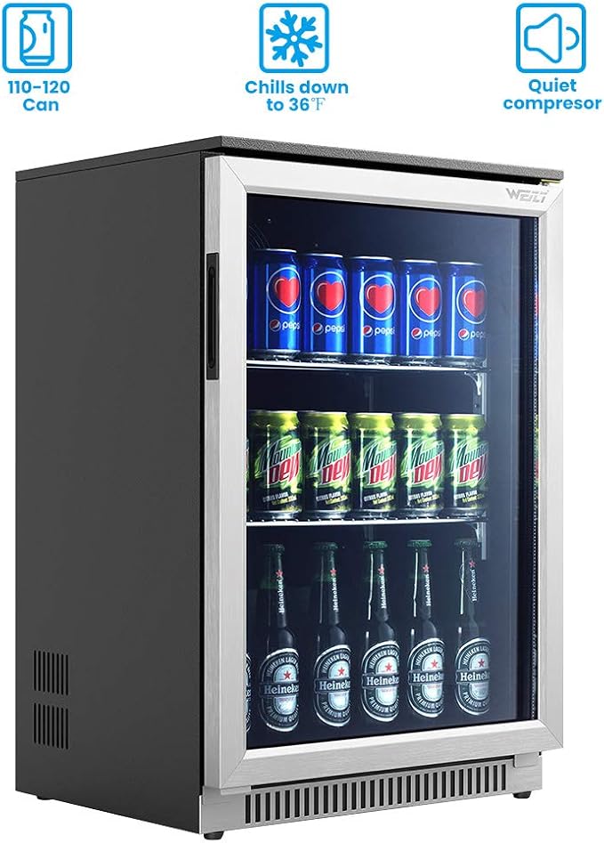 Weili 20 Inch Built in Beverage Fridge with Glass Door, 120 Can Under Counter Soda Beer Drink Refrigerator with Blue LED Light for Home Office or Bar, 36-50°F Auto Defrost