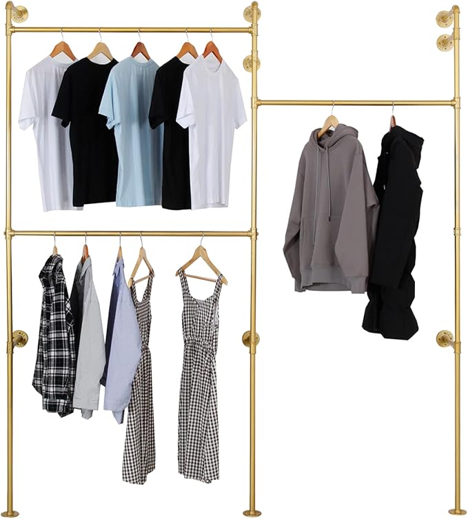 Modern Simple Industrial Pipe Double Hanging Rods Clothing Rack, Clothes Rack Wall Mounted Heavy Duty Hanging Clothes Rack, Detachable Garment Bar 93.7X84inch (Gold)
