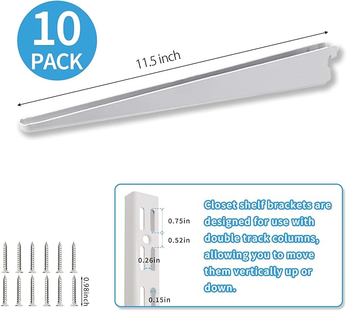 10 Pack 11.5‑Inch Adjustable Wire Shelf Brackets – Heavy‑Duty Double‑Track Closet & Wall Shelving System Supports（White）