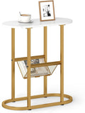 Tangkula Oval Narrow Side Table, 2-Tier End Table w/Mesh Magazine Rack, Steel Frame, Industrial Nightstand, Compact Sofa Bedside Table for Living Room Bedroom, White & Gold