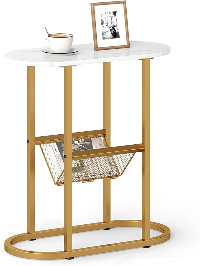Tangkula Oval Narrow Side Table, 2-Tier End Table w/Mesh Magazine Rack, Steel Frame, Industrial Nightstand, Compact Sofa Bedside Table for Living Room Bedroom, White & Gold
