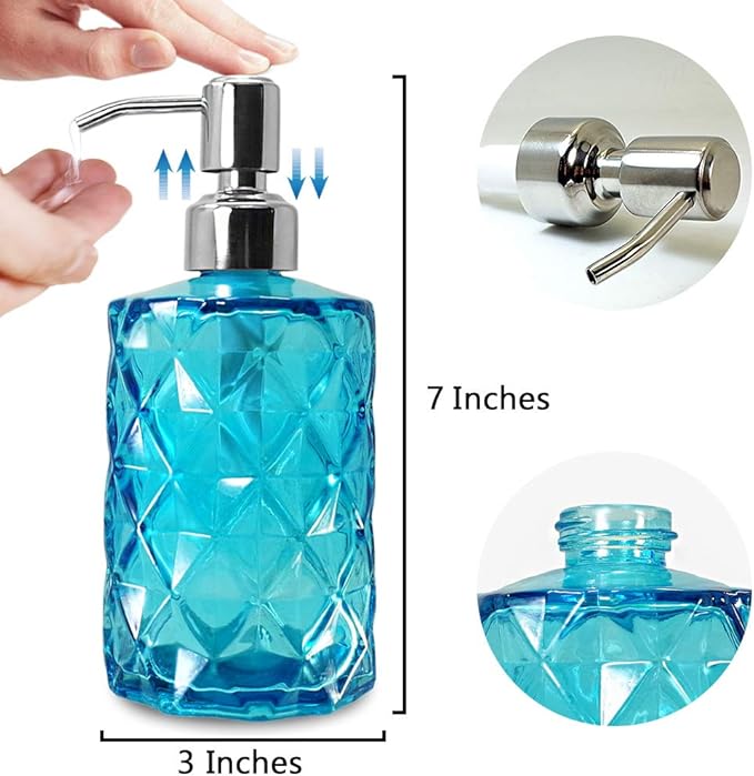 JASAI Diamond Design Soap Dispenser with 304 Rust Proof Stainless Steel Soap Pump, 12 Ounce Kitchen Soap Dispenser for Bathroom, Hand Soap, Dish Soap (Clear Blue).