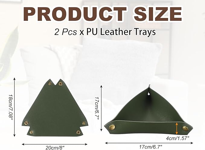 uxcell 2 Pcs Valet Tray for Women and Men, PU Leather Jewelry Tray Entryway Table Bedside Nightstand Catchall Storage Organizer for Jewelry Key Coin Watch Wallet (Triangle, Dark Green)