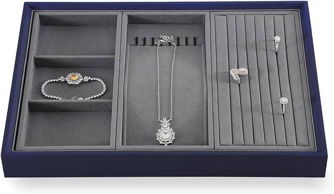 Dark Blue Jewelry Display Tray Ring Necklace Earring Bangle Organizer Multifunctional Storage Case for Jewelry Showcase (Long Necklace Tray)