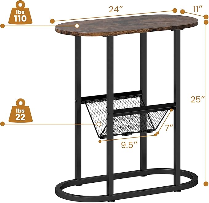 Tangkula Oval Narrow Side Table, 2-Tier End Table w/Mesh Magazine Rack, Steel Frame, Industrial Nightstand, Compact Sofa Bedside Table for Living Room Bedroom, Rustic Brown & Black