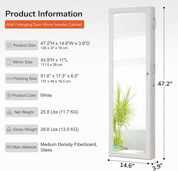 GISSAR Jewelry Mirror Armoire Wall Mount Over The Door Cabinet Storage Organizer Lockable Full Length Door Mirror(White)