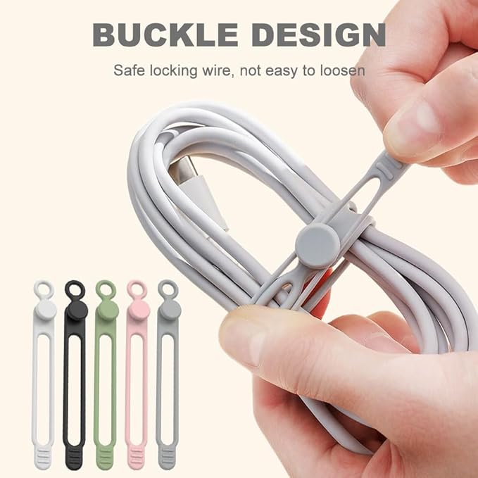 Data Cable Organizer, Silicone Cable Ties Reusable - Elastic Cord Organizer for Electronics, Adjustable Wire Ties for Cable Management,Computer Wires,Phone Charger,Earphone,Home Office (Green, 10PCS)