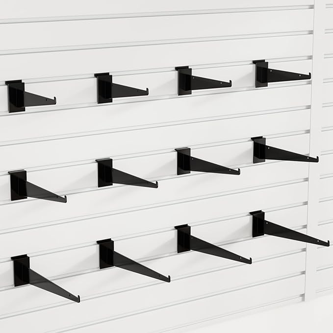 8" Black Slat Wall Shelf Brackets,10 PCS Slat Wall Brackets with Lip, Floating Metal Slat Wall Accessories