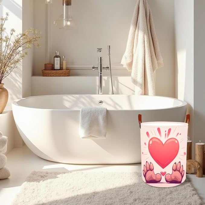 Laundry Baskets 15.7x19.7 Inch Large Paw Print Heart Design Collapsible Laundry Hamper with Handles Oxford Fabric Clothes Storage Bin Foldable Dirty Clothes Organizer for Bedroom Bathroom Dorm