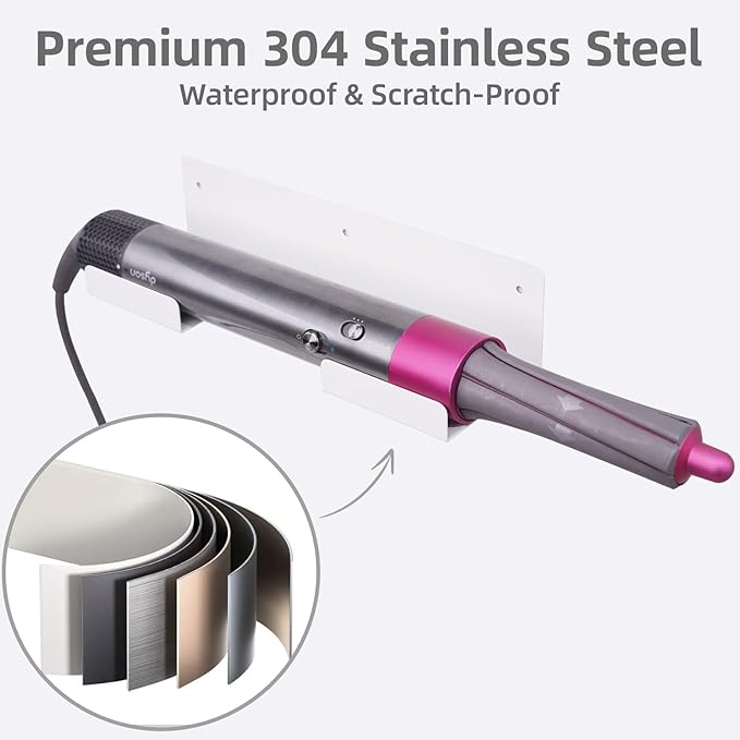 Dyson Straightener Holder, 2-Pack Stainless Steel Hair Tool Organizer, Hair Dryer Holder Wall Mount for, Adhesive Curling Iron Holder, Straightener Storage for Bathroom White BANJEKT