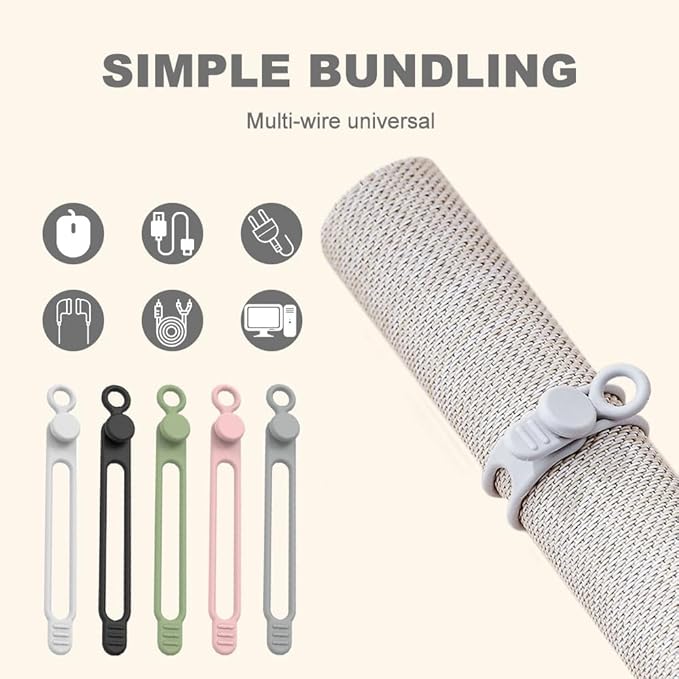 Data Cable Organizer, Silicone Cable Ties Reusable - Elastic Cord Organizer for Electronics, Adjustable Wire Ties for Cable Management,Computer Wires,Phone Charger,Earphone,Home Office (Green, 5PCS)