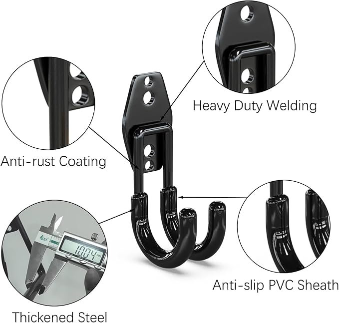 3-H Heavy Duty Garage Hooks 10 Pack, Garage Wall Hooks with Extra Welding Spots,Wall Mount Storage Organizer for Hanging Garden Lawn Tools, Chair, Shovel, Blower (Black)