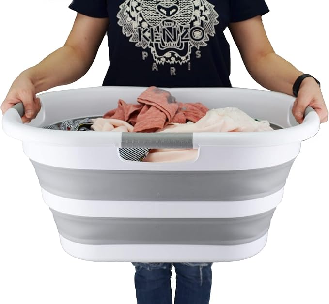 SAMMART 40L (10.5 gallons) Collapsible Plastic Laundry Washing Tub - Foldable Pop Up Laundry Basket/Hamper - Portable Washing Tub - Pop Up Saving (White/Grey)