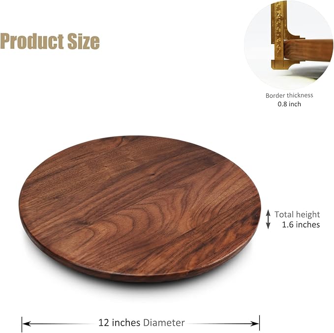 12 Inches Black Walnut Wood Lazy Susan, Solid Wooden Round Kitchen Turntable Rotating Tray