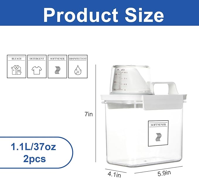 Laundry Detergent Dispenser, Liquid Laundry Container & Powder Soap Dispenser, 2 Pack Plastic Laundry Storage for Laundry Room Organization, Fabric Softener Dispenser (37 oz)