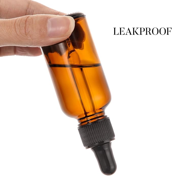 4 Pack, 1 oz Thick Dark Amber Glass Dropper Bottles with 1 Funnels & 4 Labels - 30ml Tincture Bottles with Eye Dropper - Leakproof Essential Oils Bottle - Storage and Travel for Beauty or Health