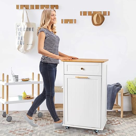 VINGLI Tilt Out Trash Cabinet, Garbage Can Cabinet with Drawer, 10 Gallon Movable/Freestanding Pet Proof Storage Organizer, Modern Trash Can Kitchen Cabinet, Living Room Storage, White