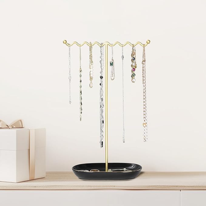 Elegant Jewelry Holder Stand: Metal Tree & Ceramic Tray Organizer for Necklaces, Rings, Earrings - Durable, Rustproof Display Holder Easy to Access Deluxe Black