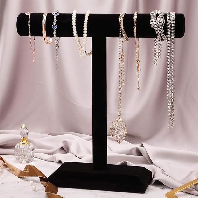Barelove Jewelry Stand Display 1 Tier, Black Velvet T-Bar Bracelet Watch Bangle Necklace Holder for Organization Showcase or Store Display