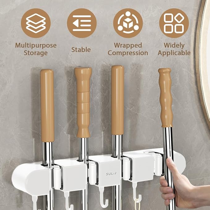 2Pcs Broom Holder Wall Mount, No-Drilling Self-Adhesive Mop and Broom Storage Rack with Hooks (4 Racks with 5 Hooks), Wall-Mounted Broom Hanger for Bathroom, Kitchen, Closet, Garage, White ﻿
