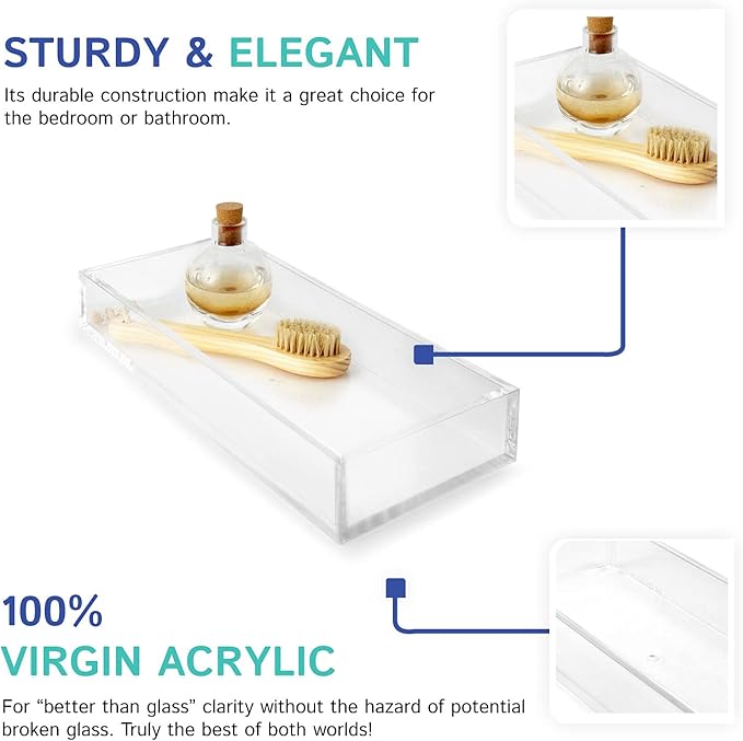 Huang Acrylic Clear Catchall Decorative Tray | Minimalistic Design for Keys, Wallet, Perfume, Jewelry, or Makeup | Rectangular Organizer Tray for Vanity, Dresser, Bathroom, Bedroom | 14 x 6.25 inches