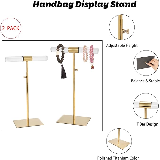 Jewelry Display Stand 2 Packs Stainless Steel Purse Display Stand Acrylic Necklaces Holder Towers Adjustable Height Tabletop Jewelry Organizer for Home Store Boutique