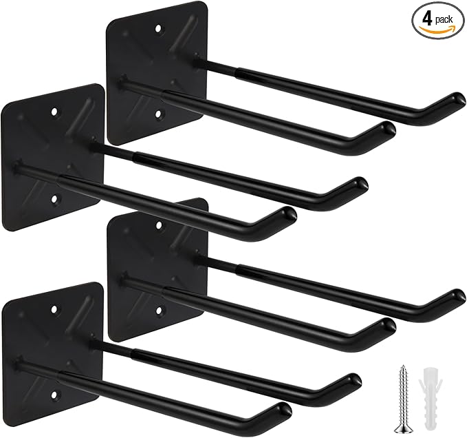 Steel Garage Storage Hooks Wall Tool Organizer, 12.4 Inch Garage Hook Heavy Duty Utility Storage Hangers Black for Ladders, Chairs, Garden Tools, Set of 4