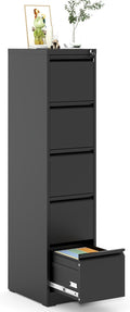 5 Drawer File Cabinet with Lock, Metal Vertical Filing Cabinet for Home Office, 64" Tall Narrow Locking Steel File Cabinets with Drawers, Storage for Legal/Letter/A4/F4, Easy Assemble (Black)