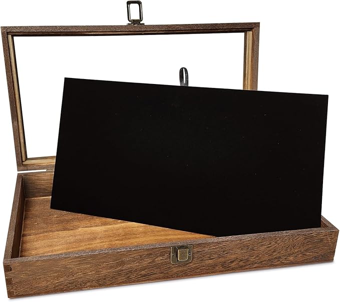 MOOCA Glass Top Wooden Jewelry Display Case with Removable Black Luxurious Velvet Jewelry Display Pad, Deeper 2.75-Inch Design for Taller Collectibles, Brown Color