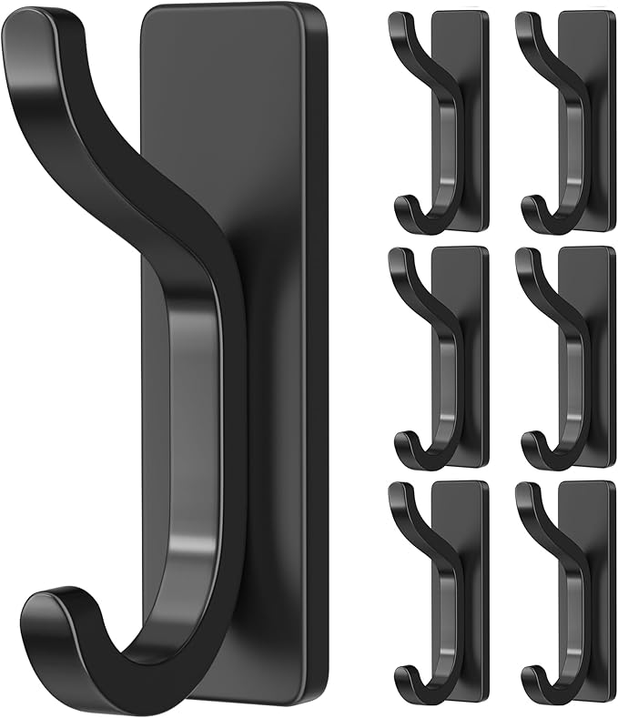pickpiff Adhesive Wall Hooks for Hanging - 13 LB Strong Hold, Sticky Hanger for Coat, Towel, Purse, Bag - for Wall, Door, Bathroom, Dorm, Shower, Kitchen, Closet - Stainless Metal, Black, 6 Pack