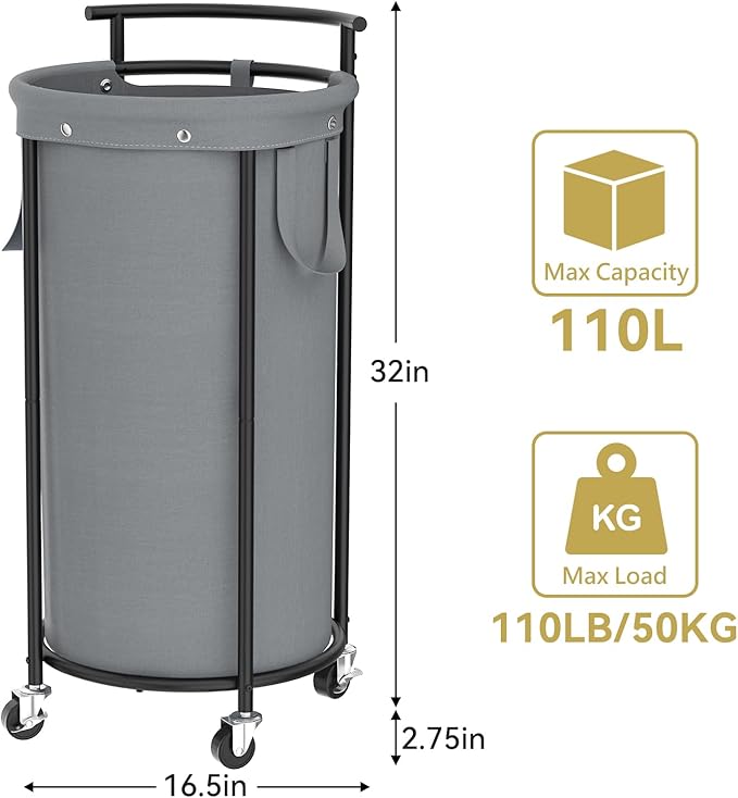 Chrislley 110L Laundry Hamper with Wheels,Rolling Laundry Basket with Removable Bag,Round Iron Laundry Cart with Steel Frame and Handle,Dirty Clothes Hamper Organizer for Dorm,Laundry Room(Grey)