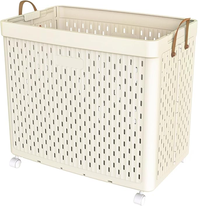 UAK Laundry Basket with Wheels, Collapsible Plastic Laundry Hamper with Handle, Foldable Laundry Basket Organizer for Laundry and Bathroom Ivory, XXXXL (110L)